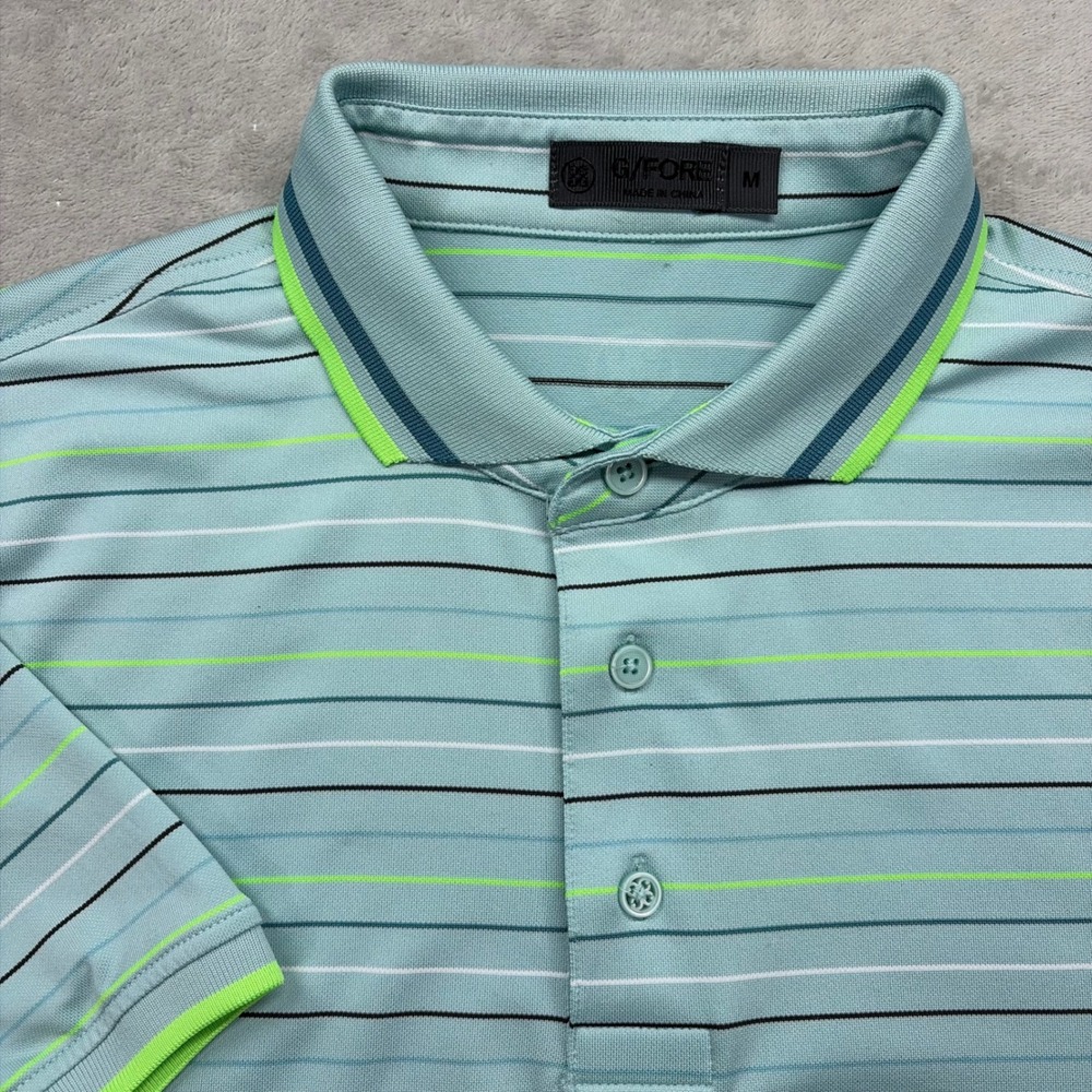 G/FORE Polo Shirt Men Medium Blue Striped Short Sleeve Golf Performance Stretch